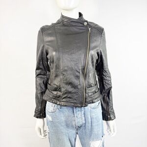 Dallin Chase Black Washed Leather Women's Moto Jacket Size L Biker Zip Up